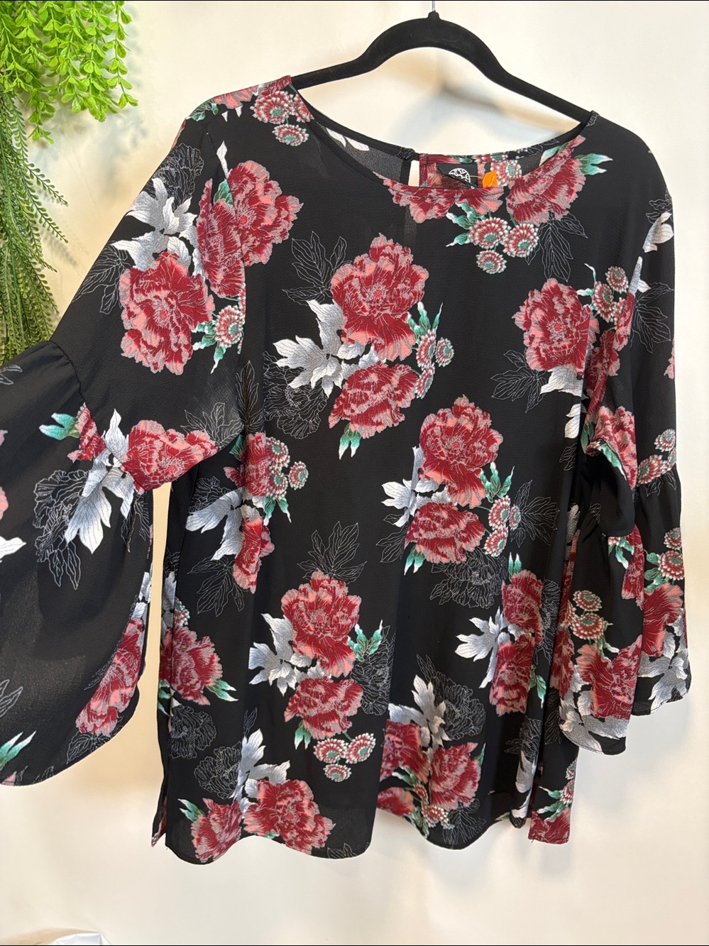 Bobeau Black Floral Blouse with Red and White Accents